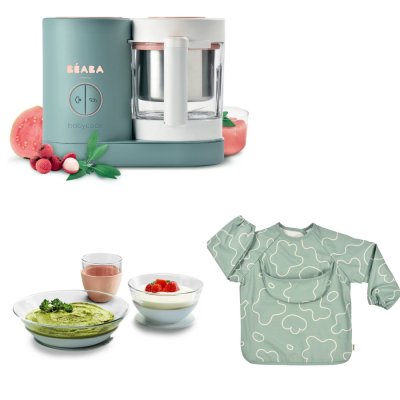 Robot babycook neo eucalyptus + bavoir à manches évolutif et 2 en 1 - sage green + coffret repas verre eucalyptus
