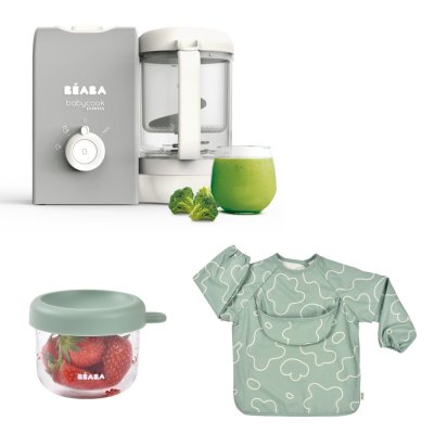 Robot babycook express gris velours + bavoir à manches évolutif et 2 en 1 - sage green + portion verre vert sauge 150ml