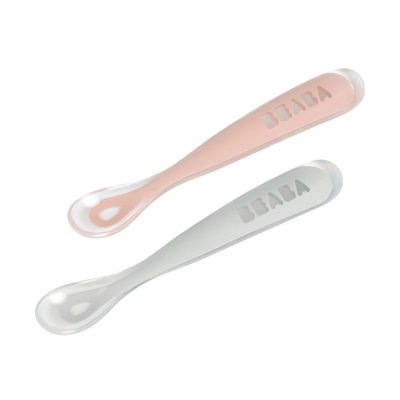 Lot de 2 cuillères bébé 1er âge silicone avec boîte rose et gris