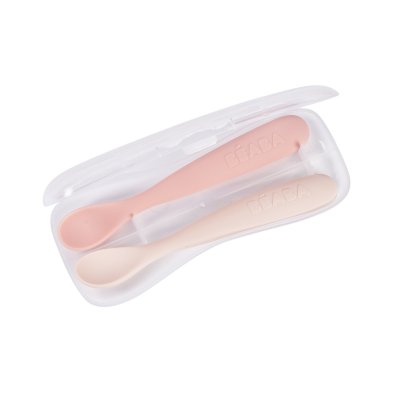 Lot de 2 cuillères silicone 1er âge avec boîte de transport barbe à papa et guimauve