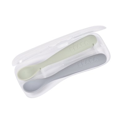 Lot de 2 cuillères silicone 1er âge avec boîte de transport galet et vert de gris