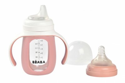 BEABA Biberon verre d'apprentissage 2 en 1 210 ml + housse silicone - old pink