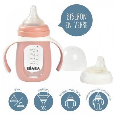 Biberon verre d'apprentissage 2 en 1 210 ml + housse silicone - old pink