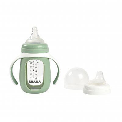 BEABA Biberon d'apprentissage en verre 2 en 1 - 210 ml - vert sauge