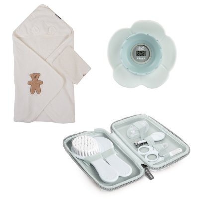 Sortie de bain avec gant 80x80 teddy + thermomètre de bain lotus green blue + trousse de toilette hygge grise