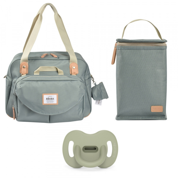 Sac à langer genève vert sauge + pochette repas isotherme vert sauge + sucette réversible colour essence 6/18 mois sauge Beaba