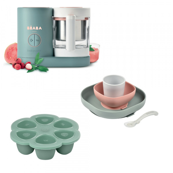 Robot babycook neo eucalyptus + multiportions silicone 6 x 150 ml vert sauge green + coffret repas silicone 4 pièces - eucalyptus Beaba