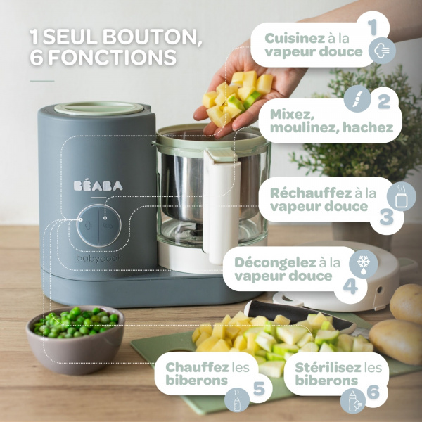 Robot babycook neo gris mineral + lot de 2 pré-cuillères en silicone - sage green/velvet grey + bol silicone ventouse - green Beaba