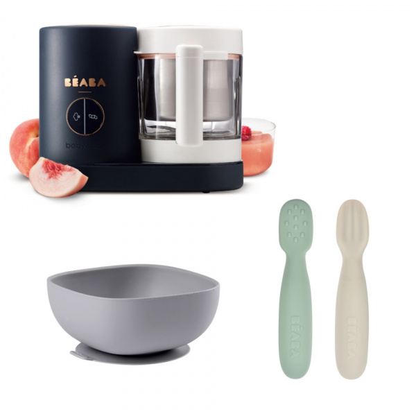 Robot babycook neo night blue + lot de 2 pré-cuillères en silicone - sage green/velvet grey + bol silicone ventouse - grey Beaba
