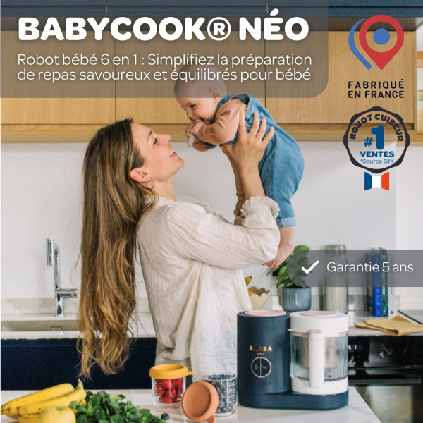 Robot babycook neo night blue + lot de 2 pré-cuillères en silicone - sage green/velvet grey + bol silicone ventouse - grey Beaba