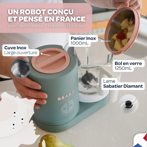 Robot babycook neo eucalyptus + lot de 2 pré-cuillères en silicone - sage green/velvet grey + bol silicone ventouse - green Beaba