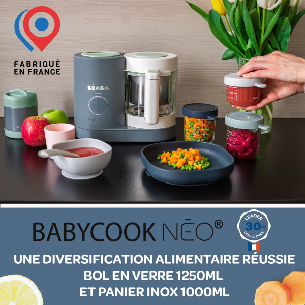 Robot babycook neo gris mineral + bavoir à manches évolutif et 2 en 1 - sage green + coffret repas verre eucalyptus Beaba