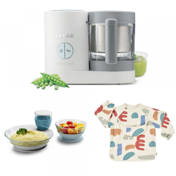 Robot babycook neo grey/white + bavoir à manches évolutif et 2 en 1 - playful + coffret repas verre jungle Beaba