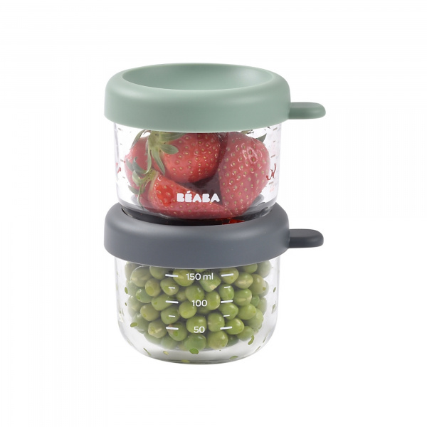 Coffret de 2 portions verre 150ml conservation repas bébé mineral/vert sauge Beaba