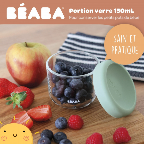Pot de conservation portion verre 150 ml vert sauge Beaba