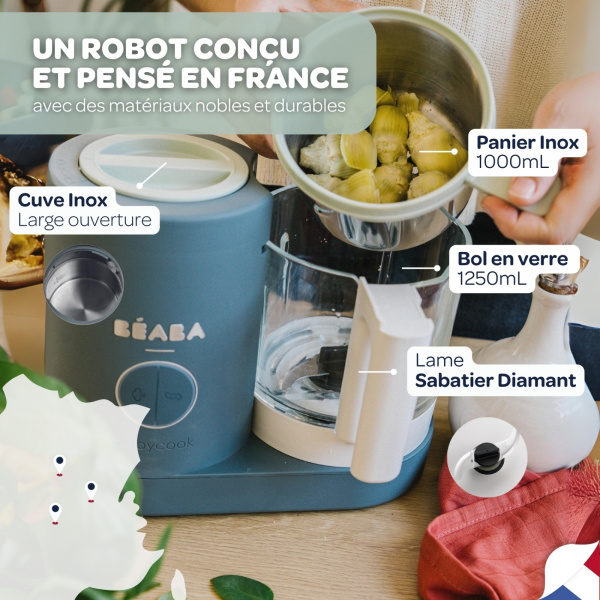 Robot babycook neo gris mineral + coffret 6 portions verre 250ml sunrise color mix + lot de 4 cuillères 1er âge silicone storm Beaba
