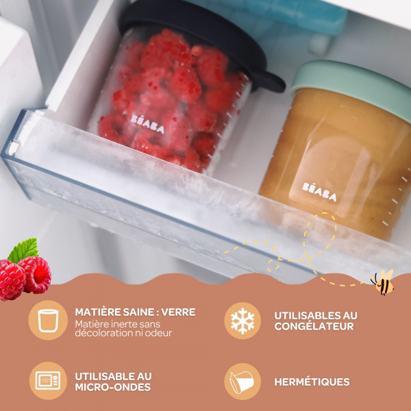 Robot babycook neo grey/white + coffret 6 portions verre 250ml sunrise color mix + lot de 4 cuillères 1er âge silicone storm Beaba