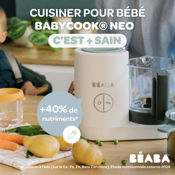 Robot babycook neo grey/white + coffret 6 portions verre 250ml sunrise color mix + lot de 4 cuillères 1er âge silicone storm Beaba