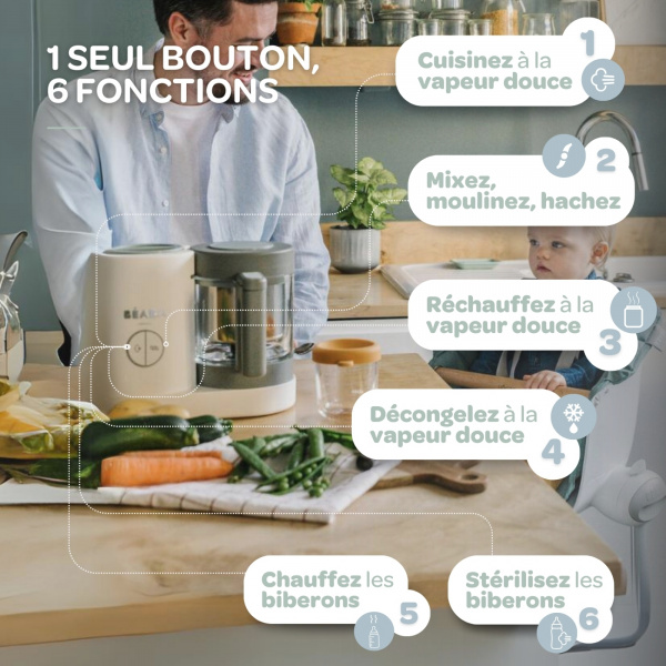 Robot babycook neo grey/white + coffret 6 portions verre 250ml sunrise color mix + lot de 4 cuillères 1er âge silicone storm Beaba