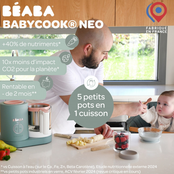 Robot babycook neo eucalyptus + bavoir à manches évolutif et 2 en 1 - sage green + coffret repas verre eucalyptus Beaba