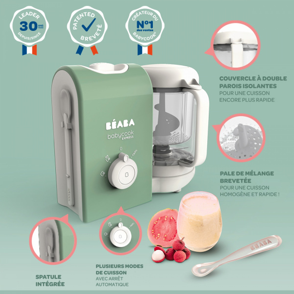 Robot babycook express -vert sauge + bavoir à manches évolutif et 2 en 1 - sage green + portion verre vert sauge 150ml Beaba