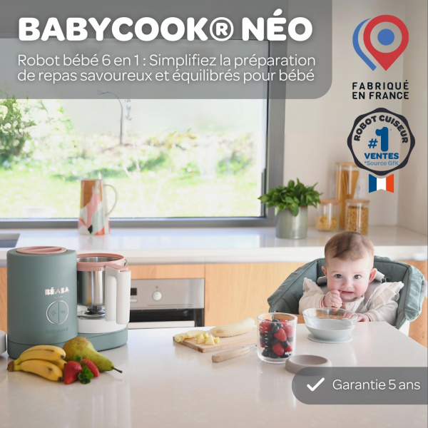 Robot babycook neo eucalyptus + coffret 6 portions verre 250ml sunrise color mix + lot de 4 cuillères 1er âge silicone storm Beaba