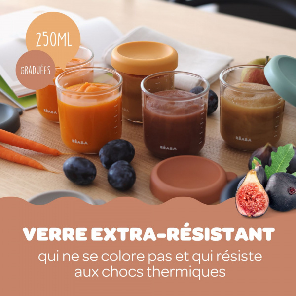 Robot babycook neo eucalyptus + coffret 6 portions verre 250ml sunrise color mix + lot de 4 cuillères 1er âge silicone storm Beaba