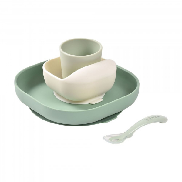 Coffret repas bébé en silicone 4 pièces vert sauge et vert de gris Beaba