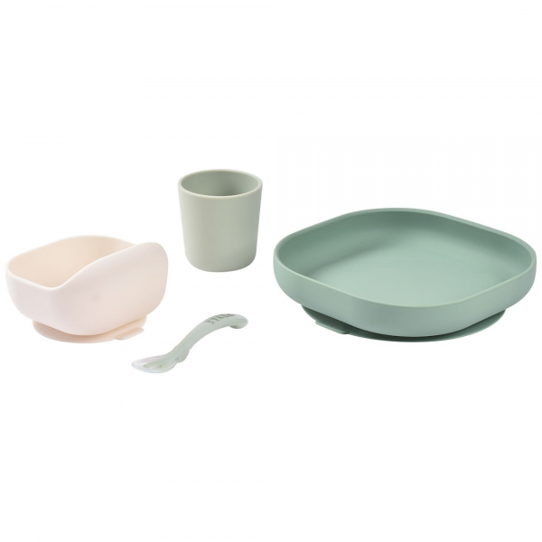 Coffret repas bébé en silicone 4 pièces vert sauge et vert de gris Beaba