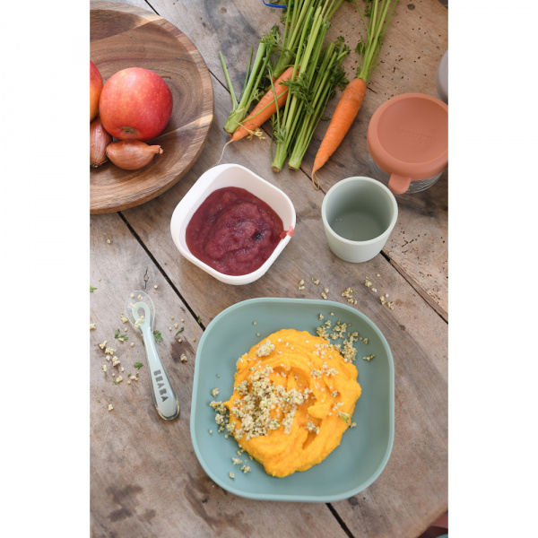 Coffret repas bébé en silicone 4 pièces vert sauge et vert de gris Beaba