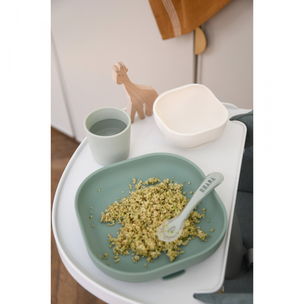 Coffret repas bébé en silicone 4 pièces vert sauge et vert de gris Beaba