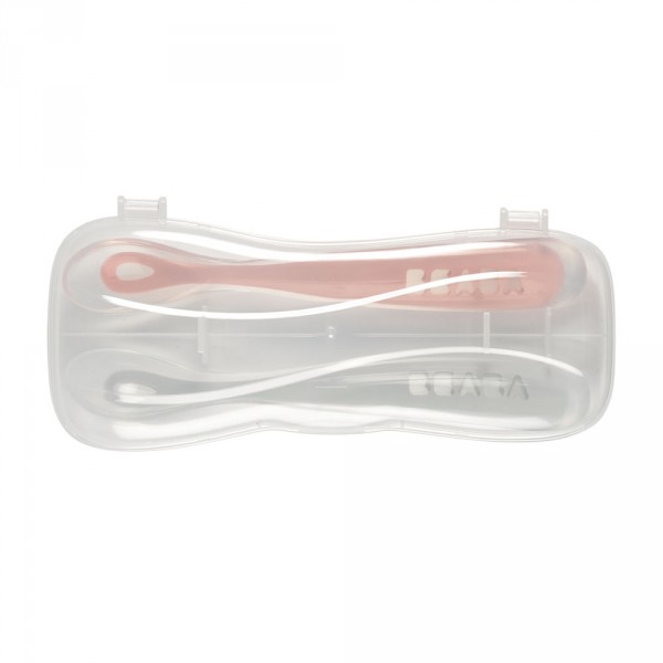 Lot de 2 cuillères bébé 1er âge silicone avec boîte rose et gris Beaba