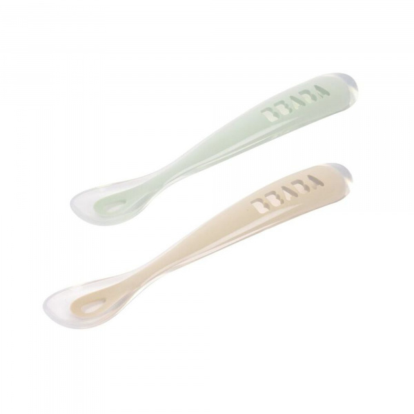 Lot de 2 cuillères bébé 1er âge silicone avec boîte argile Beaba