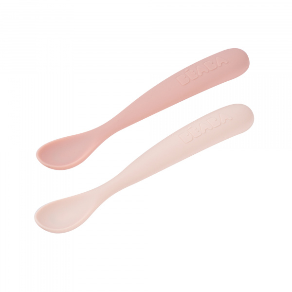 Lot de 2 cuillères silicone 1er âge avec boîte de transport barbe à papa et guimauve Beaba