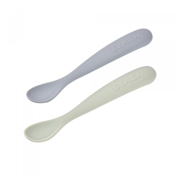 Lot de 2 cuillères silicone 1er âge avec boîte de transport galet et vert de gris Beaba