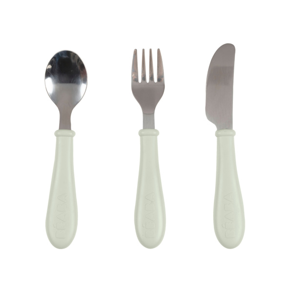 Set de 3 couverts bébé en inox vert de gris Beaba