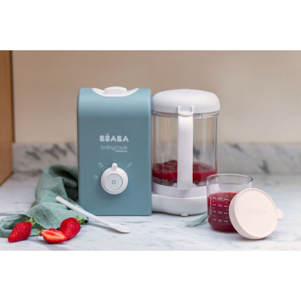 Robot babycook express bleu baltique + bavoir à manches évolutif et 2 en 1 - playful + portion verre terracotta 150ml Beaba