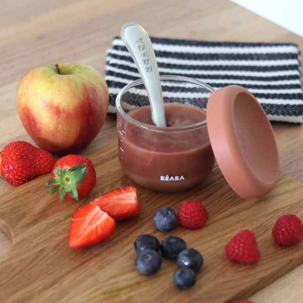 Robot babycook express bleu baltique + bavoir à manches évolutif et 2 en 1 - playful + portion verre terracotta 150ml Beaba