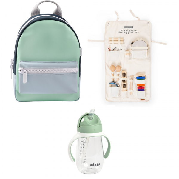 Sac à dos faro matcha latte + tasse paille 300 ml - vert sauge + coffret instruments de musique enfant 8 pièces Beaba