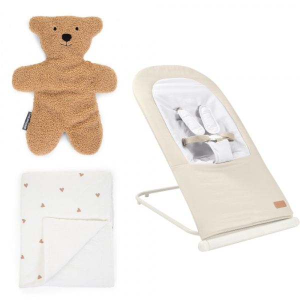 Transat pliable eazy relax greige + couverture coeurs 80 x 100 cm + doudou ourson teddy bouclette beige Beaba
