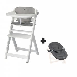 Chaise haute évolutive 2-en-1 timba blanc avec coussin gris + transat mineral graphite Bebeconfort