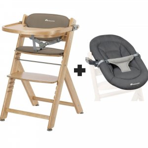 Chaise haute évolutive 2-en-1 timba ²wood avec coussin beige + transat tinted graphite Bebeconfort