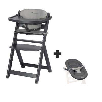 Chaise haute évolutive 2-en-1 timba black avec coussin gris + transat tinted graphite