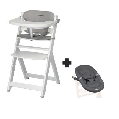 Chaise haute évolutive 2-en-1 timba blanc avec coussin gris + transat mineral graphite