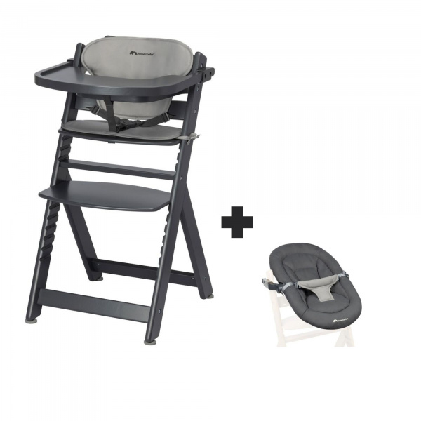 Chaise haute évolutive 2-en-1 timba black avec coussin gris + transat tinted graphite Bebeconfort