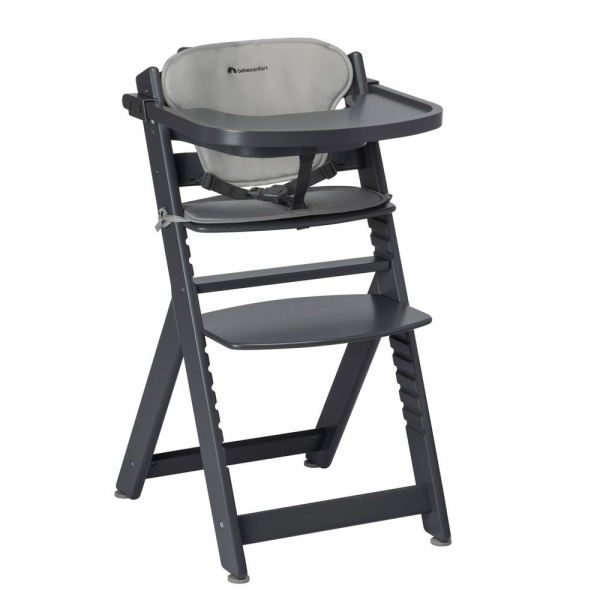 Chaise haute évolutive 2-en-1 timba black avec coussin gris + transat tinted graphite Bebeconfort