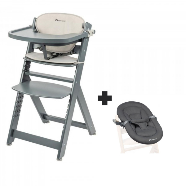 Chaise haute évolutive 2-en-1 timba avec coussin gray mist + transat mineral graphite Bebeconfort