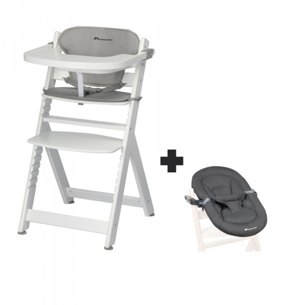 Chaise haute évolutive 2-en-1 timba blanc avec coussin gris + transat mineral graphite Bebeconfort