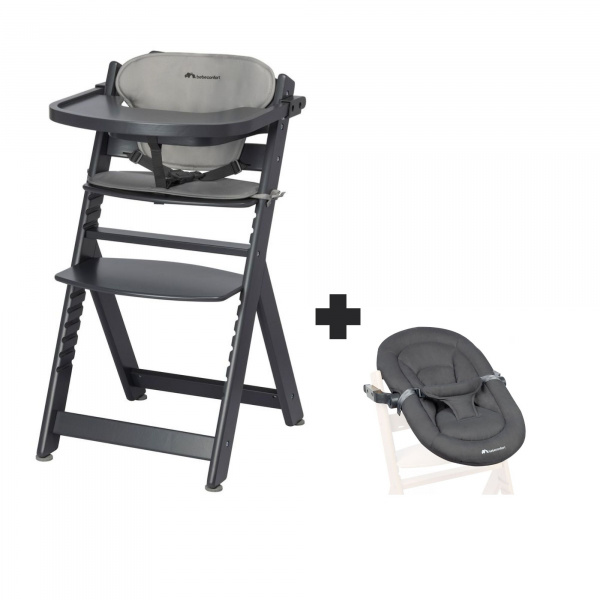 Chaise haute évolutive 2-en-1 timba black avec coussin gris + transat mineral graphite Bebeconfort