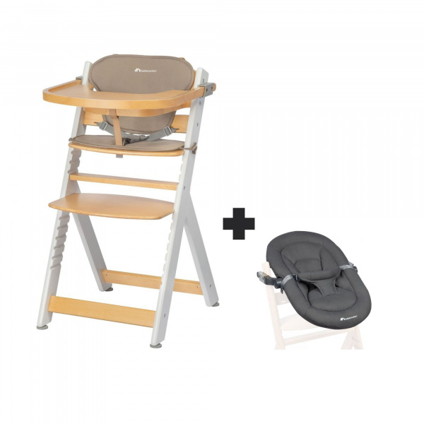 Chaise haute évolutive 2-en-1 timba wood avec coussin beige + transat mineral graphite Bebeconfort
